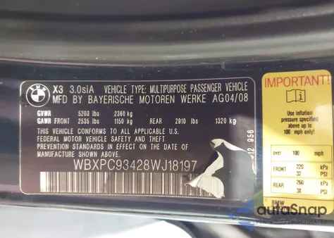 2008 BMW X3 3.0Si z USA, uszkodzony, nr VIN WBXPC93428WJ18197